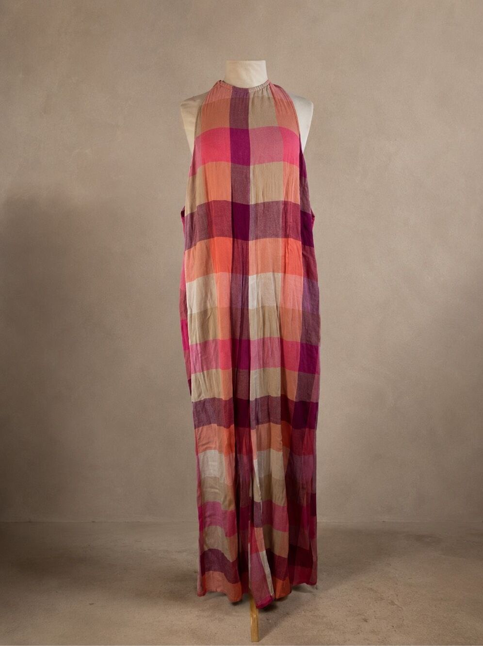 Free People Native Youth medium Alma Wide Leg Halter Jumpsuit Pink Plaid Cotton